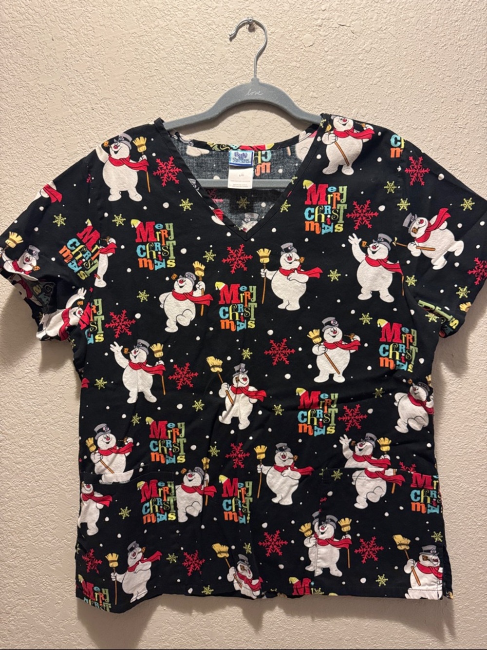 Frosty the Snowman Scrub Top - Black with Red & White Accents